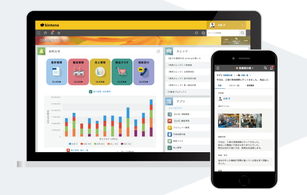 kintoneの画面をPCとスマートフォンで表示し、案件管理や売上グラフ、現場報告などの業務アプリが確認できるダッシュボード画面